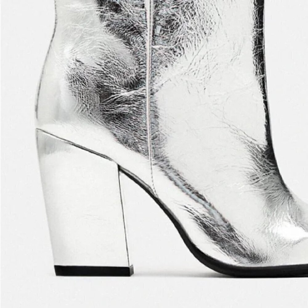 ZARA 100% LEATHER METALLIC HEELED KNEE HIGH BOOTS - Picture 5 of 13